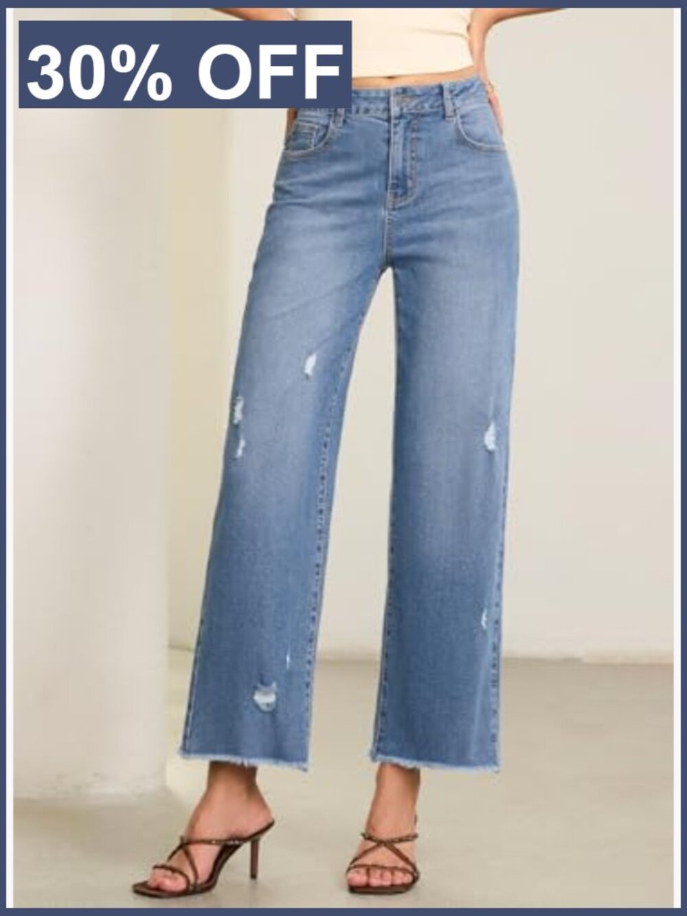 Wide Leg Straight Ankle Jeans Distressed Frayed Raw Hem Denim Pants with - Picture 4 of 7